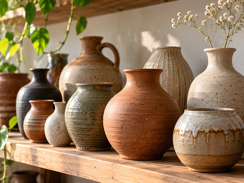 Collection of handmade earthenware ceramic vases and pots displayed on a rustic wooden shelf
