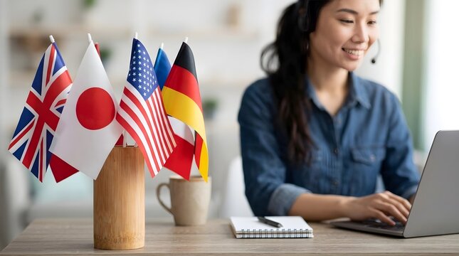 Young Female Customer Service Representative Working Remotely with International Flags for Global Business Communication