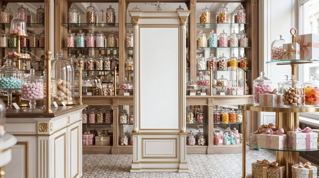 Blank vertical ornate white floor stand sign rests inside. Crystal fragrance flacons botanical essences and gilded antique. Parisian perfumery retail mockup for bespoke scent collections.