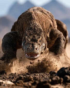 Komodo dragon kicking up dust while running over volcanic soil