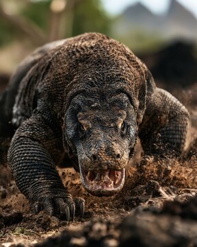 Komodo dragon charging with open mouth across volcanic ground