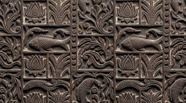 Seamless Bengali Pitha Carved Wood Mold Pattern with Lotus, Fish and Paddy Motifs on Aged Teak