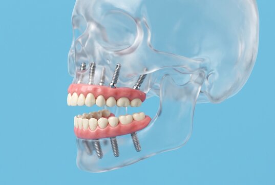3D medical illustration of full arch dental implants and fixed dentures in transparent skull, upper and lower jaw implant screws, blue background for implant dentistry and edentulous treatment
