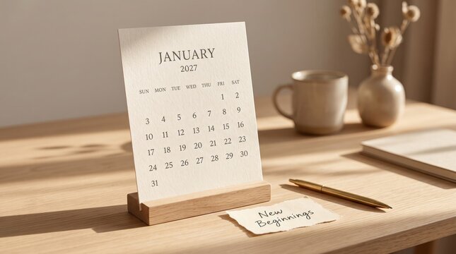 Prompt give me unicuq january 2027 desk calendar with new beginnings note