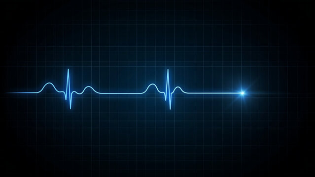 Glowing blue ekg heartbeat line on a dark grid background