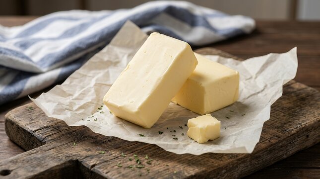 Fresh golden butter, two creamy blocks and a small cube of dairy butter on rustic wooden cutting board, perfect for baking and cooking.