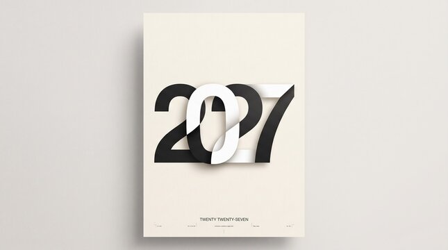 Minimalist &ldquo;2027&rdquo; typography poster with oversized interlocking black and white geometric numerals, subtle dimensional depth, precise alignment, soft architectural shadows, clean ivory background, con