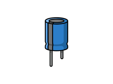 Blue Cylindrical Electronic Capacitor With Two Metal Leads Isolated On White Background