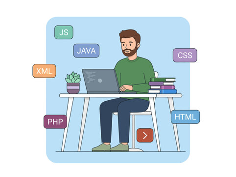 Male Software Developer Working on Laptop at Desk with Programming Language Icons Flat Illustration