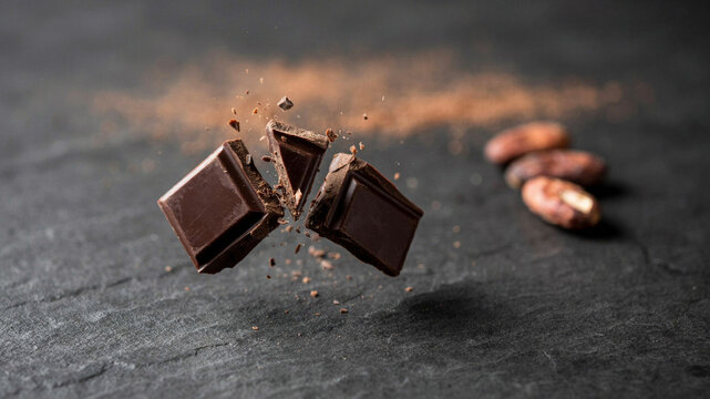 Broken dark chocolate pieces with cocoa beans rest on a dark slate surface cacao bittersweet squares fragments splintered shattered crumbly darkness stone texture roughness dessert
