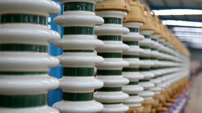 Ceramic electrical insulator row with green bands and clean glazed surface, arranged in repeating perspective for industrial power equipment inspection and engineering use