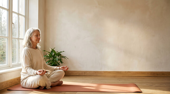 Mature Woman Practicing Yoga Meditation at Home, Wellness and Mindfulness Concept for Health Lifestyle Marketing