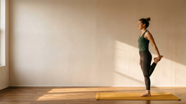 Young Woman Doing Standing Quadriceps Stretch on Yoga Mat, Wellness and Fitness Lifestyle Concept