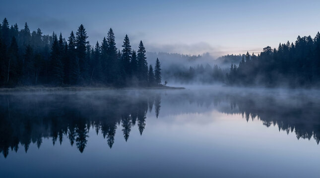 Calm Forest Lake at Blue Dawn with Mirror Reflection, Serene Nature Background for Wellness and Mindfulness