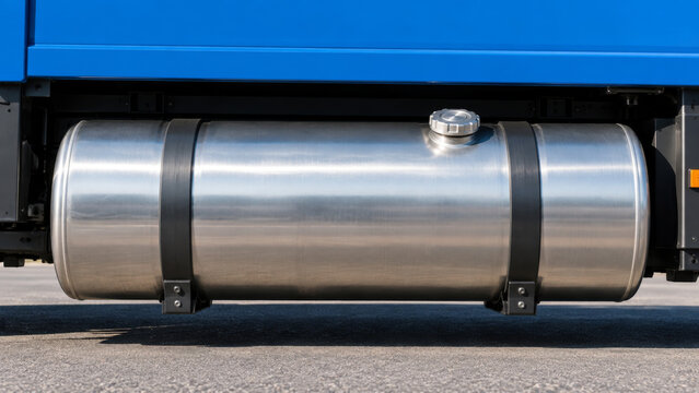 Brushed aluminum fuel tank beneath blue industrial vehicle, showing polished metal, black mounting strap, filler cap, and durable transport equipment with clean mechanical detail