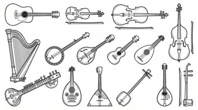 Black-and-white vector collection of musical string instruments, including acoustic guitars, violins, double basses, banjos, harps, and traditional instruments, detailed outlines, arranged in rows on 