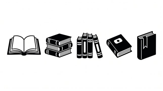 Black-and-white vector collection of five book icons featuring open books, stacked volumes, upright books, closed hardcovers, and bookmarks, bold silhouettes, clean white background.