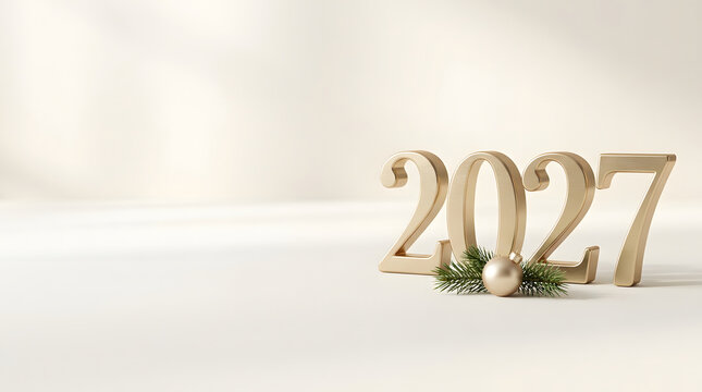 Minimalist new year composition featuring wooden numbers two zero two seven