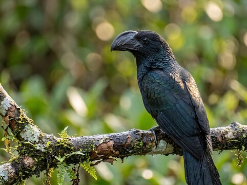 Groove billed ani perched on a mossy branch in tropical forest