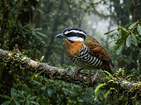 Stripe breasted antpitta perched on mossy branch in misty cloud forest