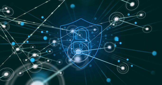 Glowing central shield with padlock icon radiating protection in cyberspace, with network nodes