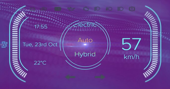 Displaying futuristic HUD on car windshield, showing central mode selector and large speed readout