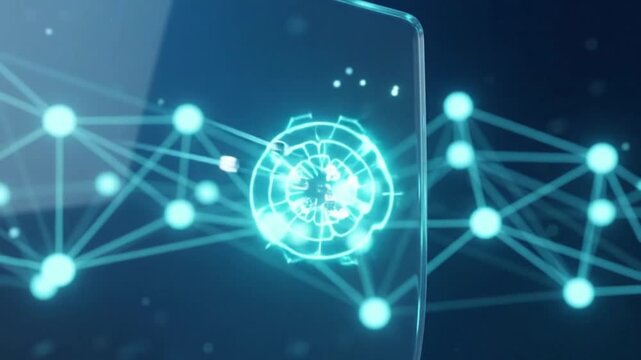 Futuristic digital shield protecting glowing circuit board networks and cyberspace data transfers inside virtual reality mainframe computers