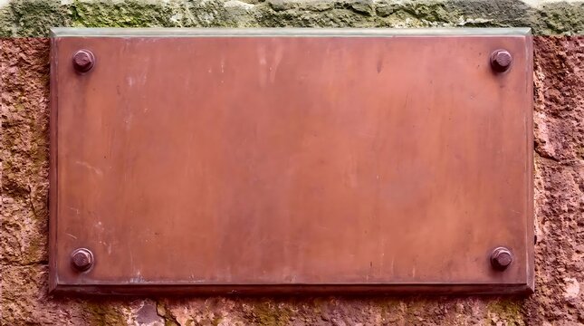 Blank weathered metal plaque mounted on a textured wall.