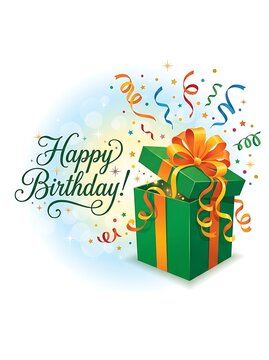 Happy birthday greeting card design with a green gift box, orange ribbon, and colorful confetti isolated on white background