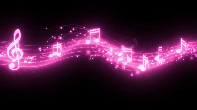 Pink neon glowing music notes on wavy staff background.