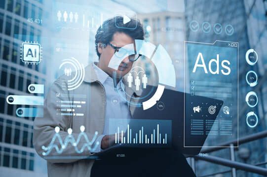 Business analyst using laptop with artificial intelligence, adve