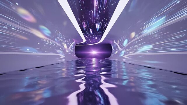 Purple glowing futuristic tunnel with reflective water floor