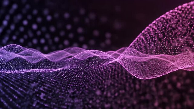 Purple digital wireframe wave of glowing particles.