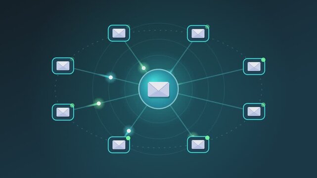 Central email icon connected to ring of envelope nodes with glowing data pulses on dark teal background, email network and newsletter distribution animation