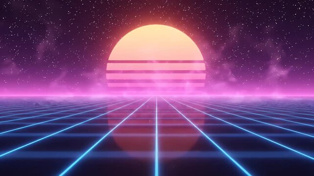 Retro synthwave landscape with neon grid and glowing sun.