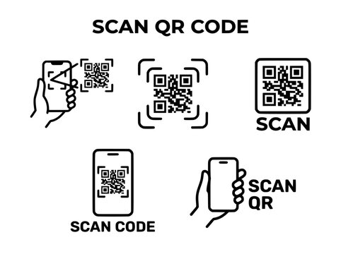 Simple line art scan QR code icon set, hand holding smartphone scanning device, black vector symbols for digital payment and identity verification, web interface design element