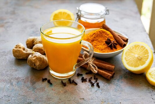 Traditional jamu kunyit asam turmeric tamarind herbal drink in glass mug with ginger cinnamon star anise lemon