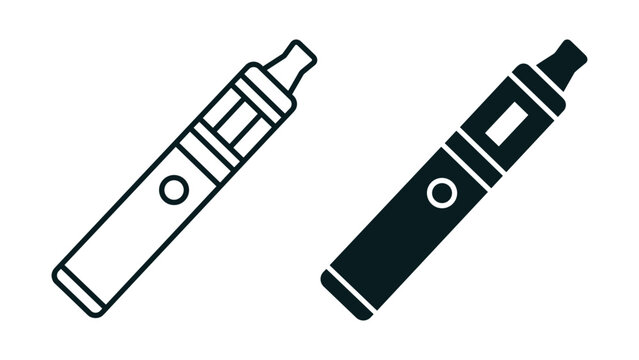 Two vector icons representing electronic cigarettes one as a minimalist line art drawing and one as a solid black silhouette graphic