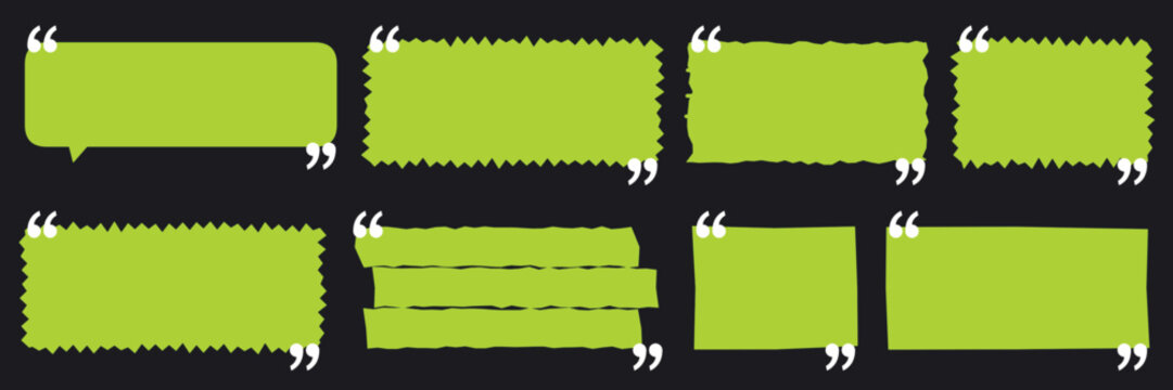 Vibrant lime green quote boxes, set of 8 textured speech bubbles with quotation marks, hand-drawn grunge text frames, modern vector design elements