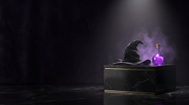 A mysterious witch hat sitting on a dark wooden table with glowing purple magical light and smoke