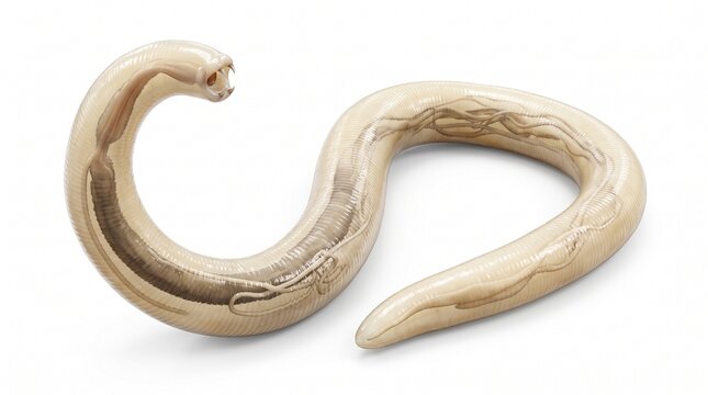 Ancylostoma ceylanicum hookworm on a clean white background demonstrating anatomical structure.