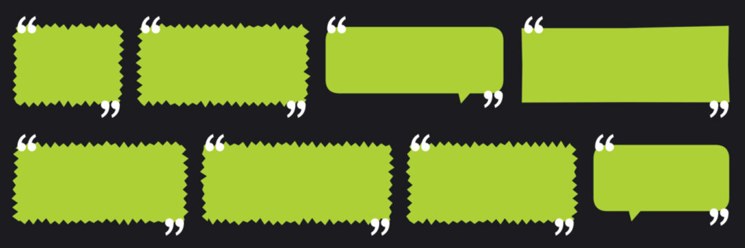 Green quote bubble collection, 8 vector speech boxes with quotation marks, lime green testimonial frames for web design and social media posts
