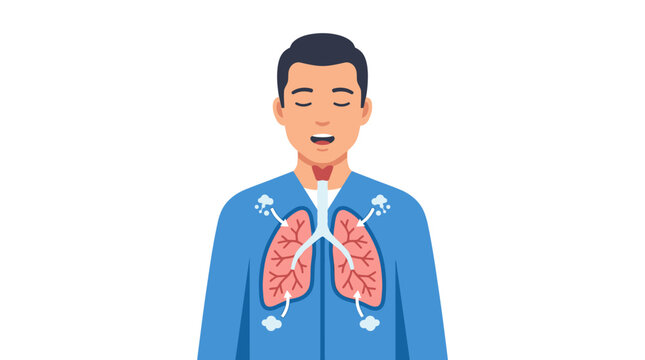 Medical vector illustration of a young man with internal anatomy showing the lungs and trachea, demonstrating inhalation and exhalation process with arrows on white background.