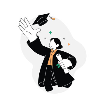 Graduate throwing graduation cap with diploma, graduation celebration vector illustration