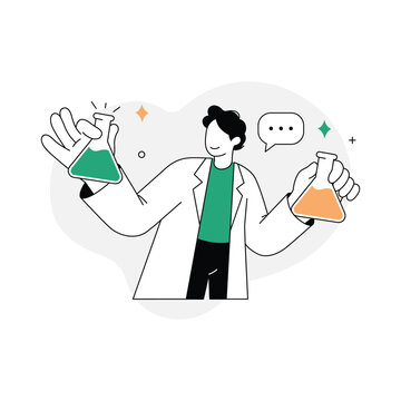 Scientist in lab coat holding flasks, chemistry experiment science education vector illustration