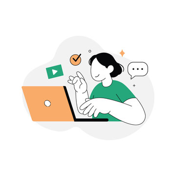 Woman studying online with laptop and video lesson, e-learning vector illustration