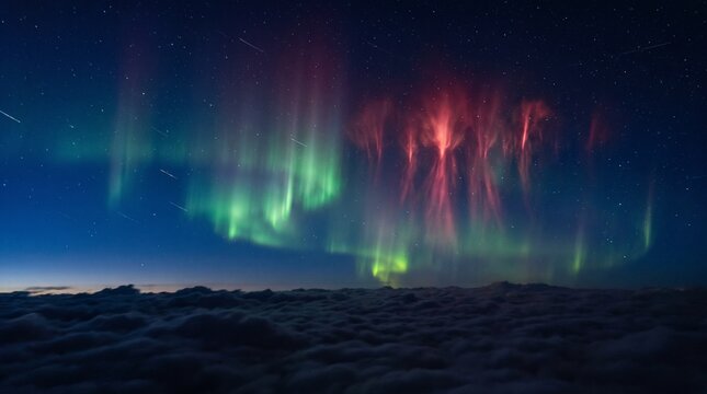 Red sprites glowing above a cloud deck at night, green and crimson atmospheric lightning pillars rising into the starry mesosphere over storm clouds