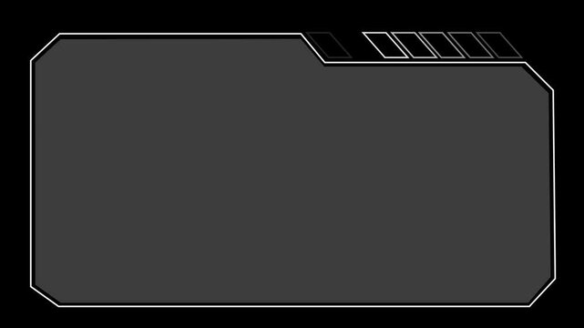 Rectangular frame animation displays segmented top border lines on dark. Screen overlay data coordinates guide frame. Display consoles operate with rectangular frame.