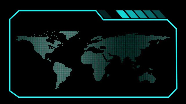 World map animation displays dotted continental landmasses in a frame. Telecom routing data streams across world map. Cartography monitoring consoles use active map.