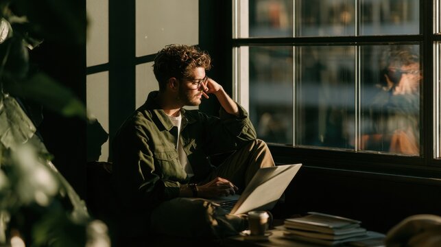 Freelancer thinking deeply while holding his chin and looking out through a large window next to a stack of books and a small coffee cup during a quiet working session in a bright room.